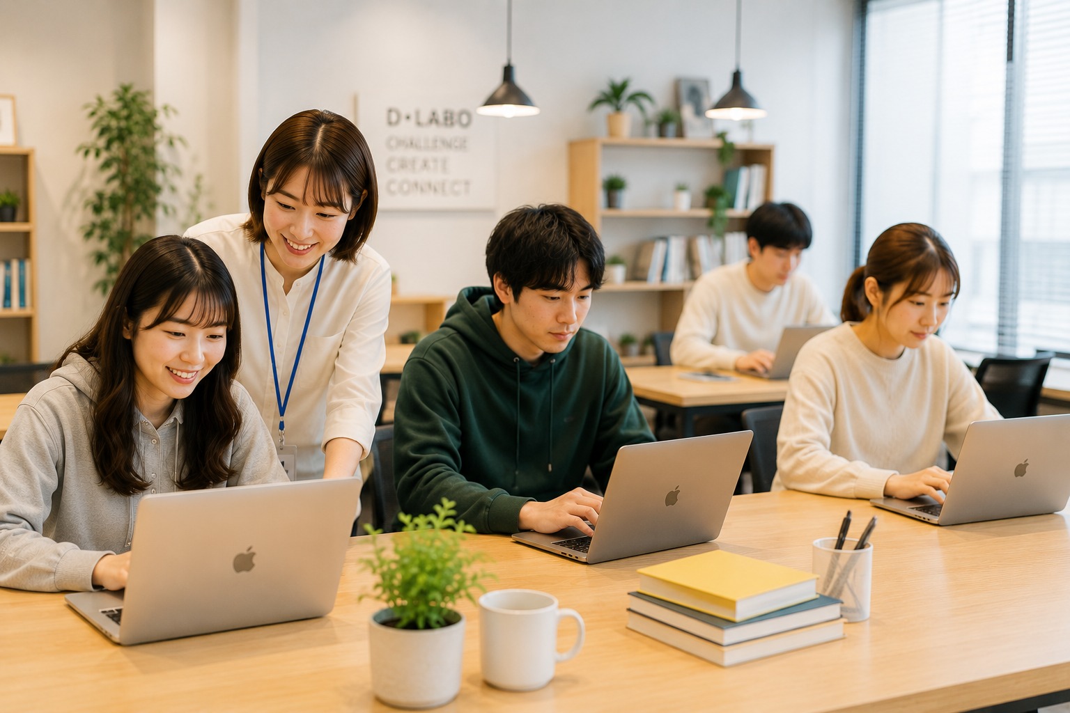 スタッフと一緒にパソコン作業を相談しているイメージ